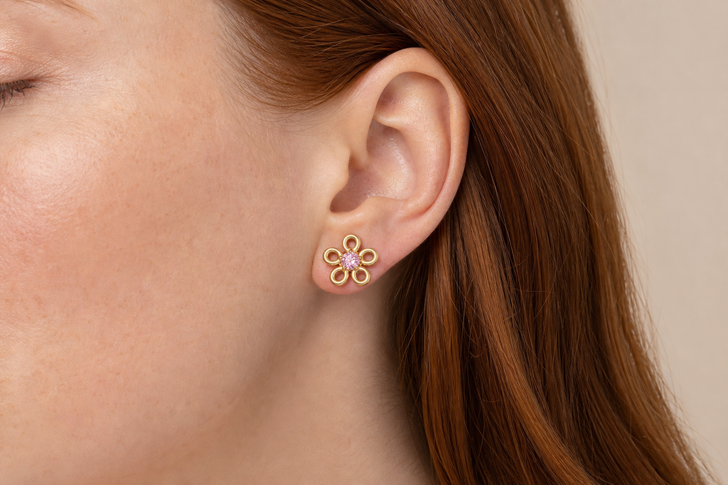 Pink CZ ASTM F136 Titanium Flat Back - Gold, Threadless, 16G, 1.2 x 6+4 mm — wearing view one (P-FB-0134-G01)