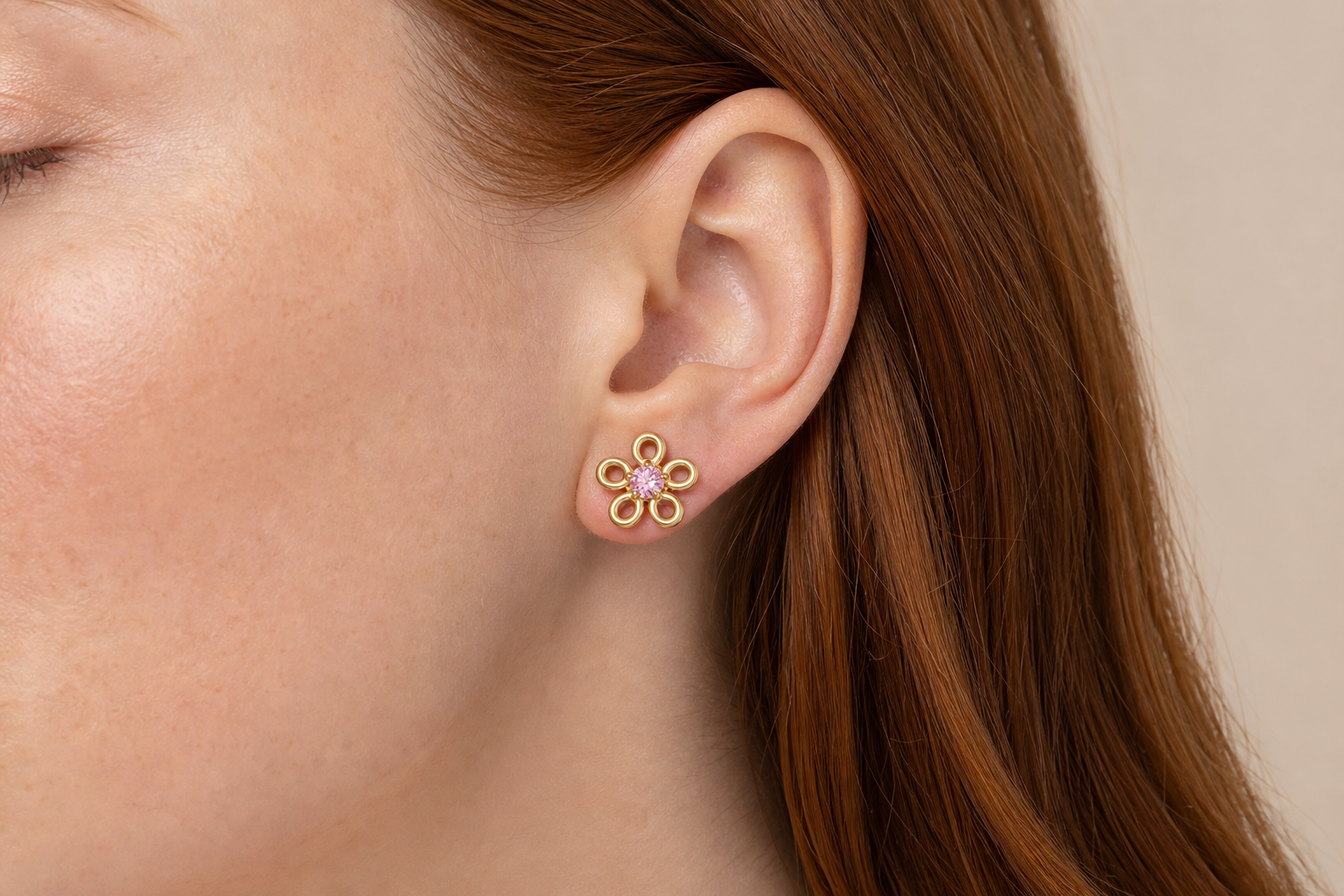 Pink CZ ASTM F136 Titanium Flat Back - Gold, Threadless, 16G, 1.2 x 6+4 mm — wearing view one (P-FB-0134-G01)