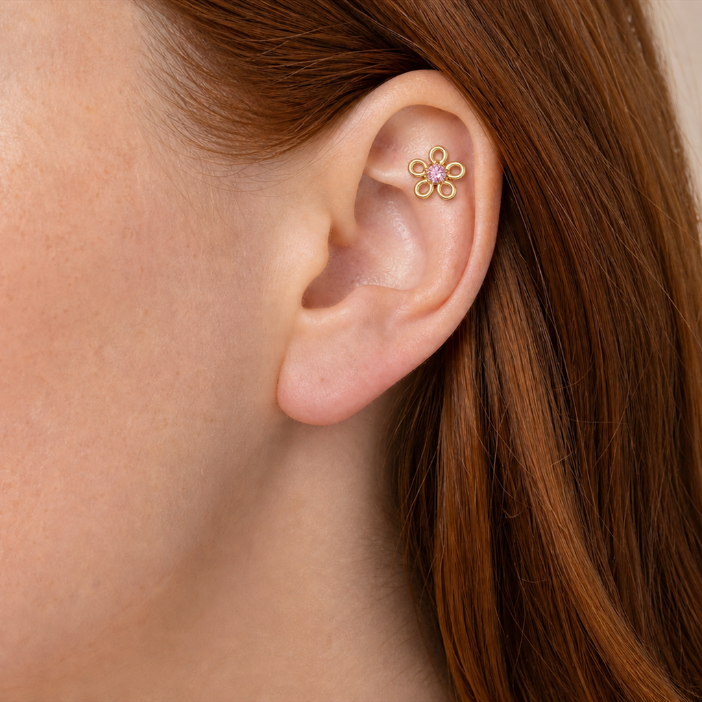 Pink CZ ASTM F136 Titanium Flat Back - Gold, Threadless, 16G, 1.2 x 6+4 mm — wearing view two (P-FB-0134-G01)
