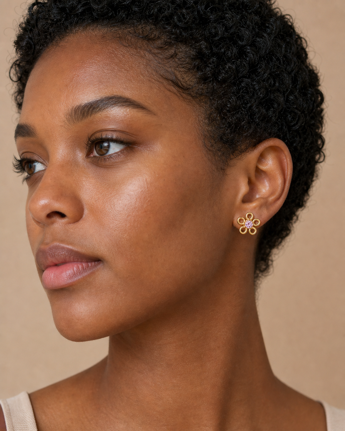 Pink CZ ASTM F136 Titanium Flat Back - Gold, Threadless, 16G, 1.2 x 6+4 mm — wearing view two (P-FB-0134-G01)