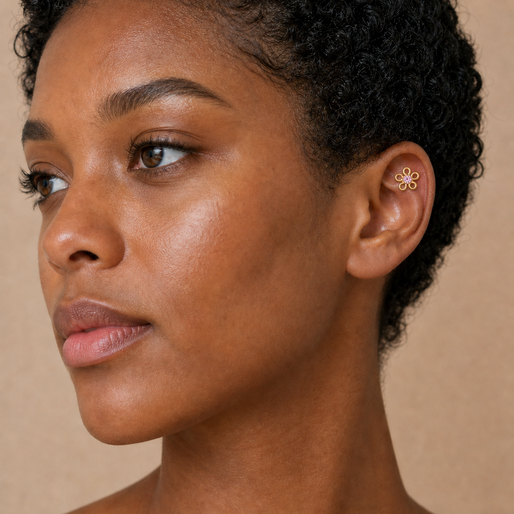Pink CZ ASTM F136 Titanium Flat Back - Gold, Threadless, 16G, 1.2 x 6+4 mm — wearing view three (P-FB-0134-G01)