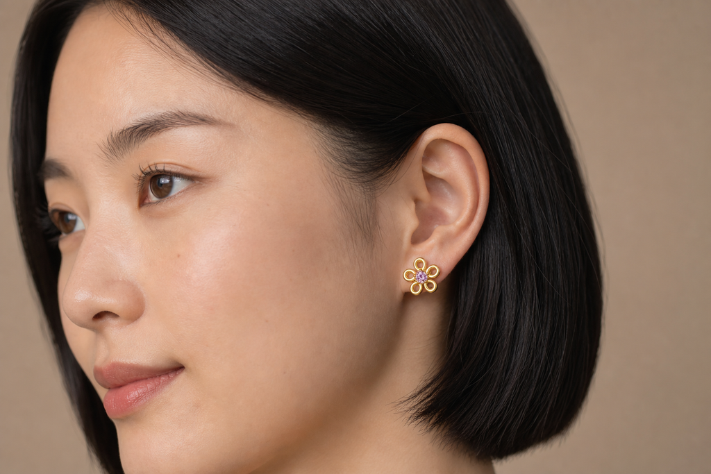 Pink CZ ASTM F136 Titanium Flat Back - Gold, Threadless, 16G, 1.2 x 6+4 mm — wearing view three (P-FB-0134-G01)