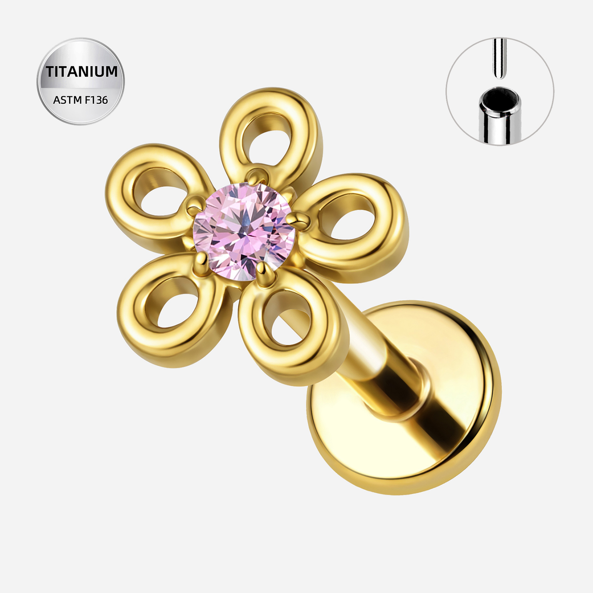 Pink CZ ASTM F136 Titanium Flat Back - Gold, Threadless, 16G, 1.2 x 6+4 mm — product detail views (P-FB-0134-G01)