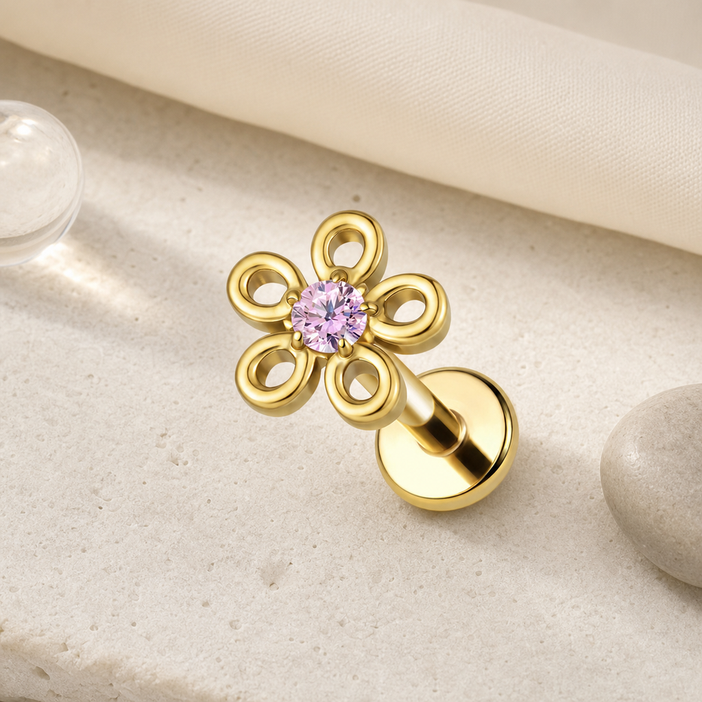Pink CZ ASTM F136 Titanium Flat Back - Gold, Threadless, 16G, 1.2 x 6+4 mm — styled flat lay (P-FB-0134-G01)