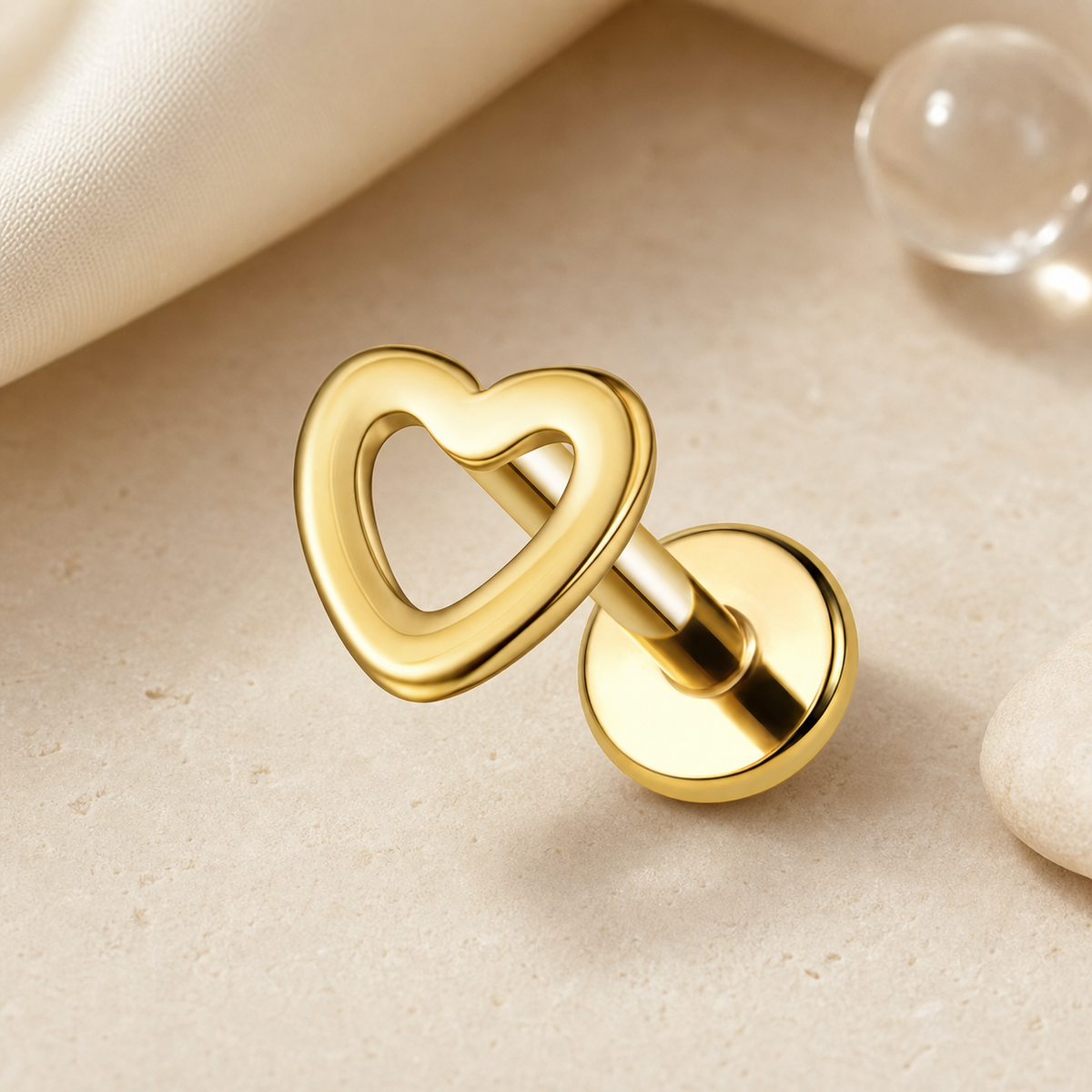 ASTM F136 Titanium Flat Back - Gold, Internally Threaded, 18G, 1.0 x 8+4 mm — styled flat lay (P-FB-0136-G01)