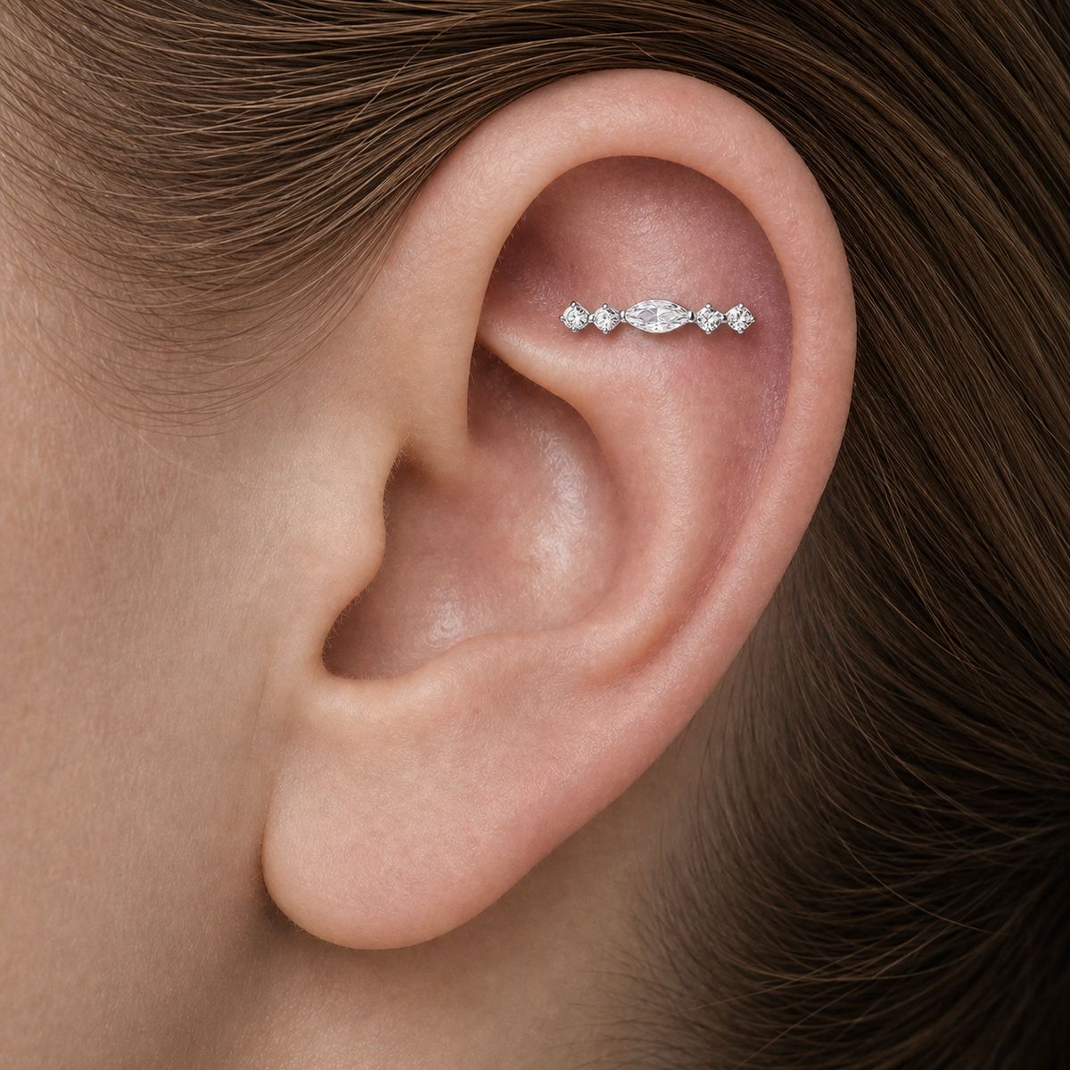Clear CZ ASTM F136 Titanium Flat Back - Silver, Internally Threaded, 16G, 1.2 x 8+4 mm — wearing view two (P-FB-0138-S01)