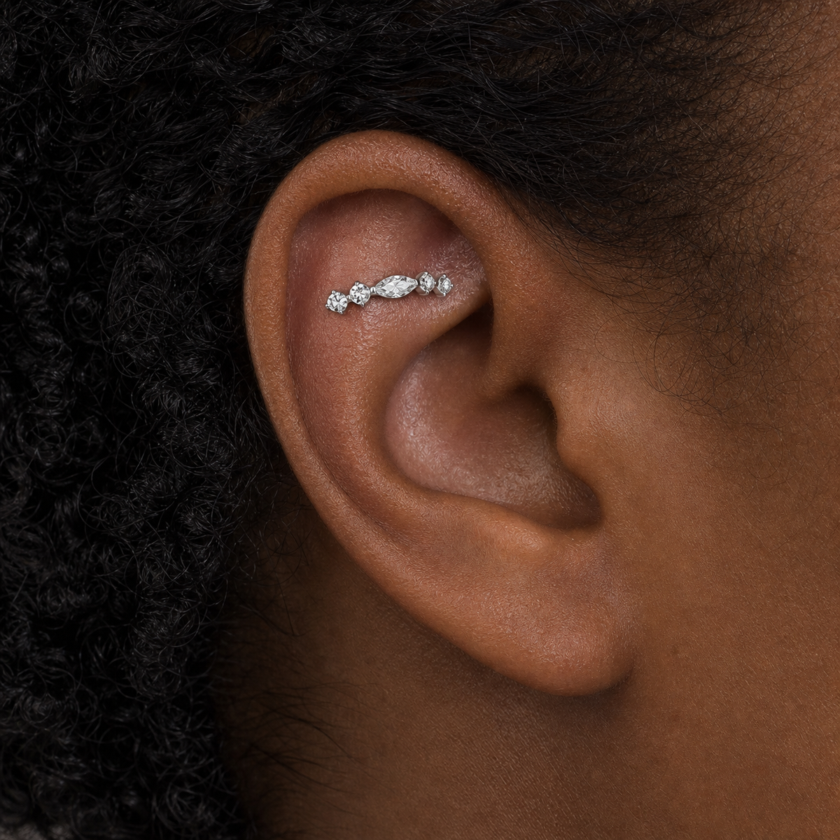 Clear CZ ASTM F136 Titanium Flat Back - Silver, Internally Threaded, 16G, 1.2 x 8+4 mm — wearing view three (P-FB-0138-S01)