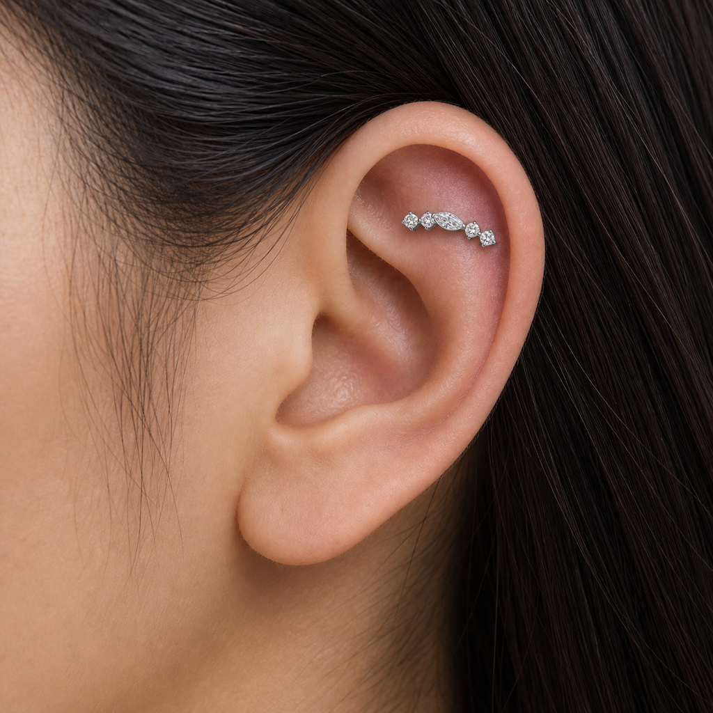 Clear CZ ASTM F136 Titanium Flat Back - Silver, Internally Threaded, 16G, 1.2 x 8+4 mm — wearing view four (P-FB-0138-S01)