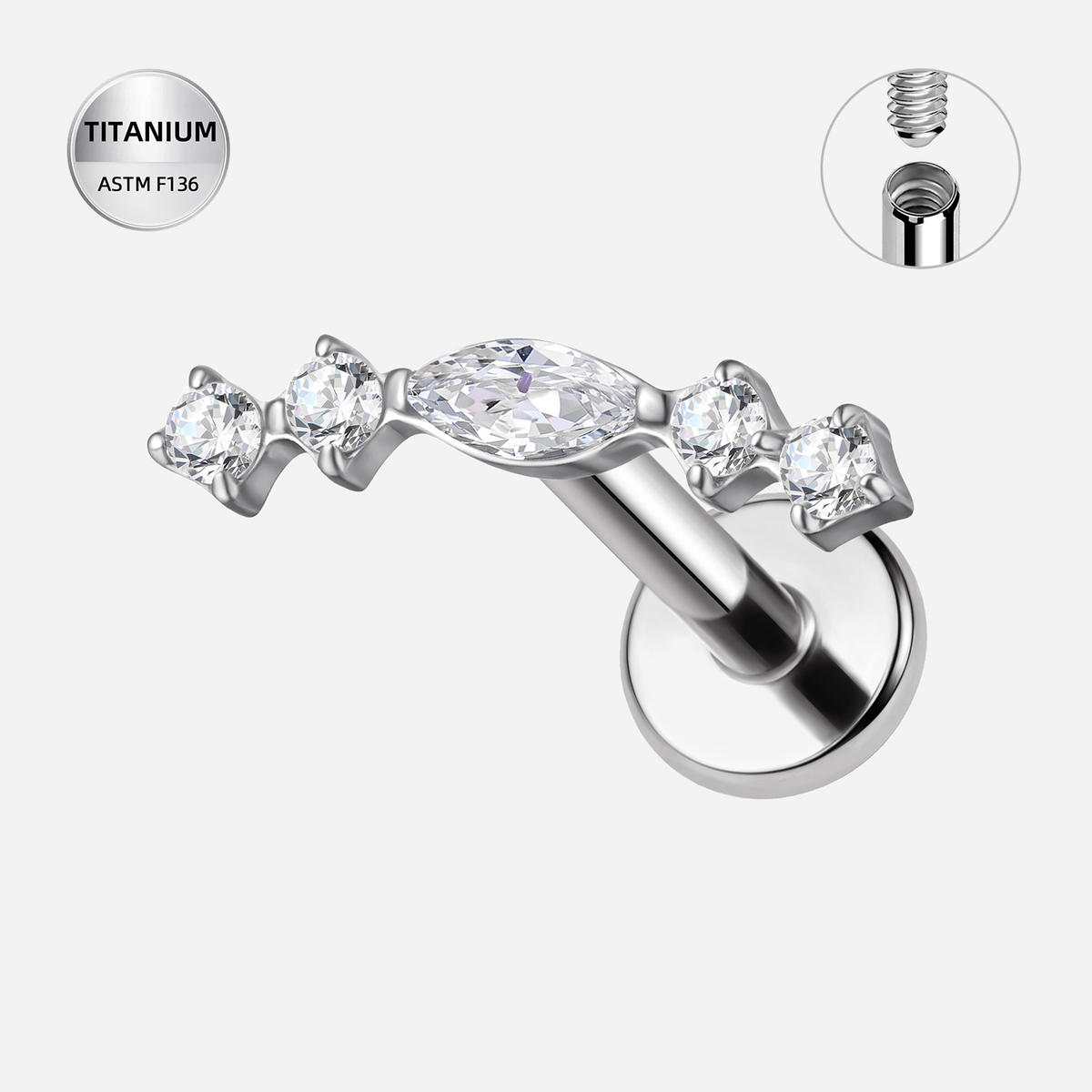 Clear CZ ASTM F136 Titanium Flat Back - Silver, Internally Threaded, 16G, 1.2 x 8+4 mm — product detail views (P-FB-0138-S01)