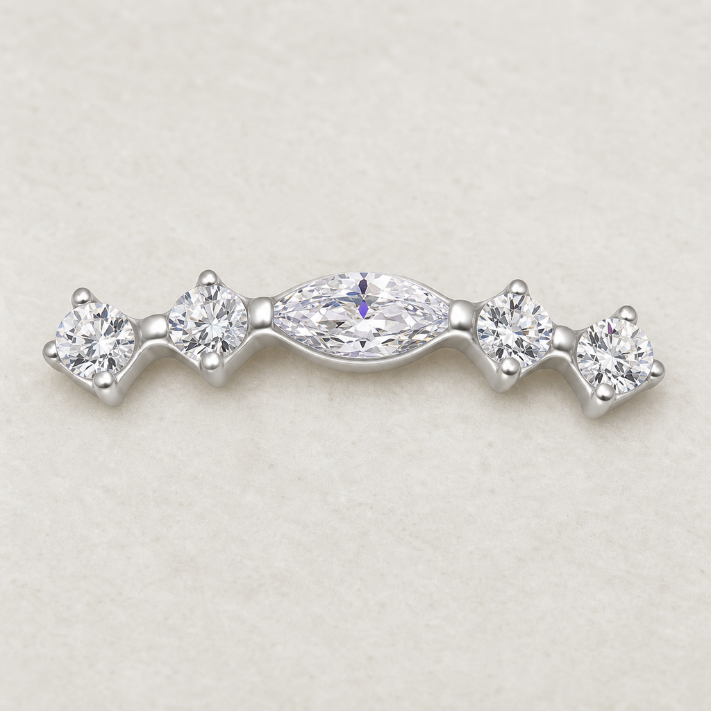 Clear CZ ASTM F136 Titanium Flat Back - Silver, Internally Threaded, 16G, 1.2 x 8+4 mm — styled flat lay (P-FB-0138-S01)