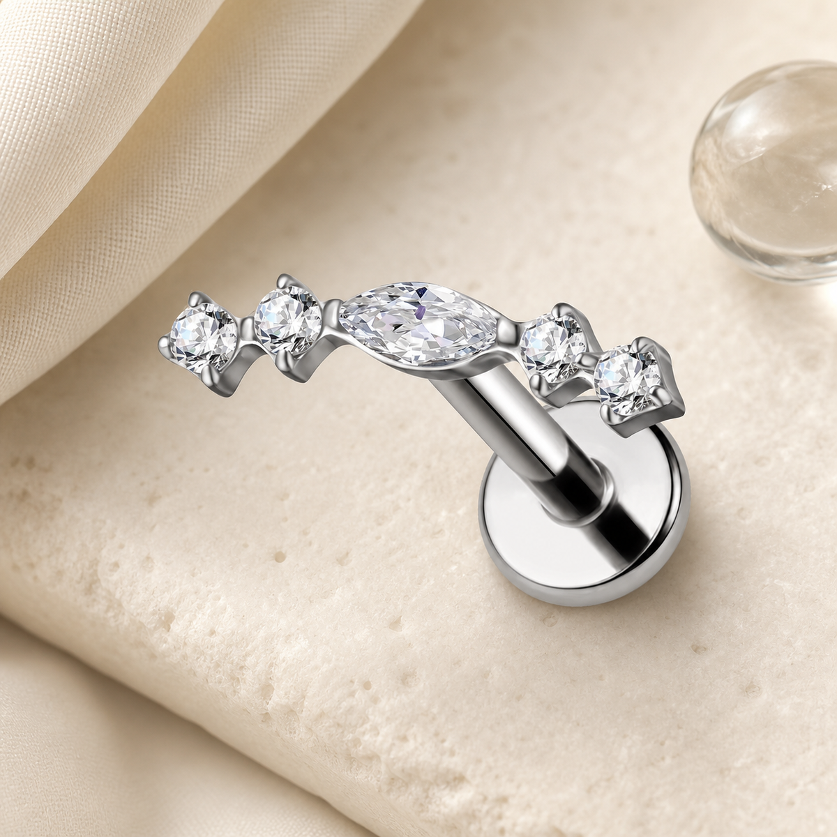 Clear CZ ASTM F136 Titanium Flat Back - Silver, Internally Threaded, 16G, 1.2 x 8+4 mm — styled flat lay (P-FB-0138-S01)