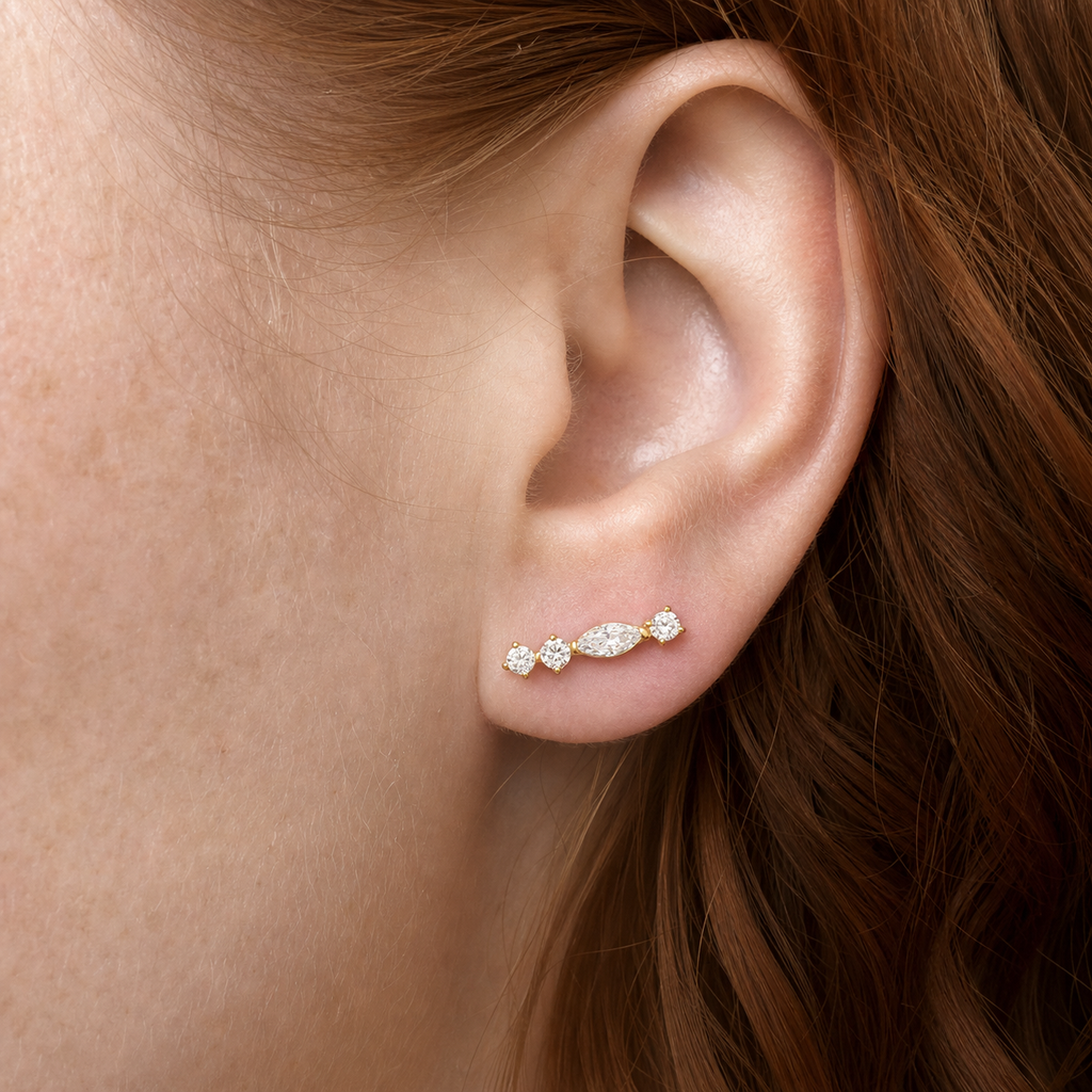 Clear CZ ASTM F136 Titanium Flat Back - Gold, Internally Threaded, 16G, 1.2 x 8+4 mm — wearing view four (P-FB-0139-G01)