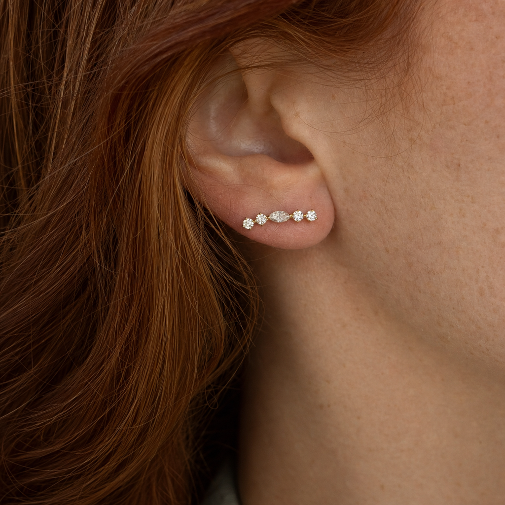 Clear CZ ASTM F136 Titanium Flat Back - Gold, Internally Threaded, 16G, 1.2 x 8+4 mm — wearing view one (P-FB-0139-G01)