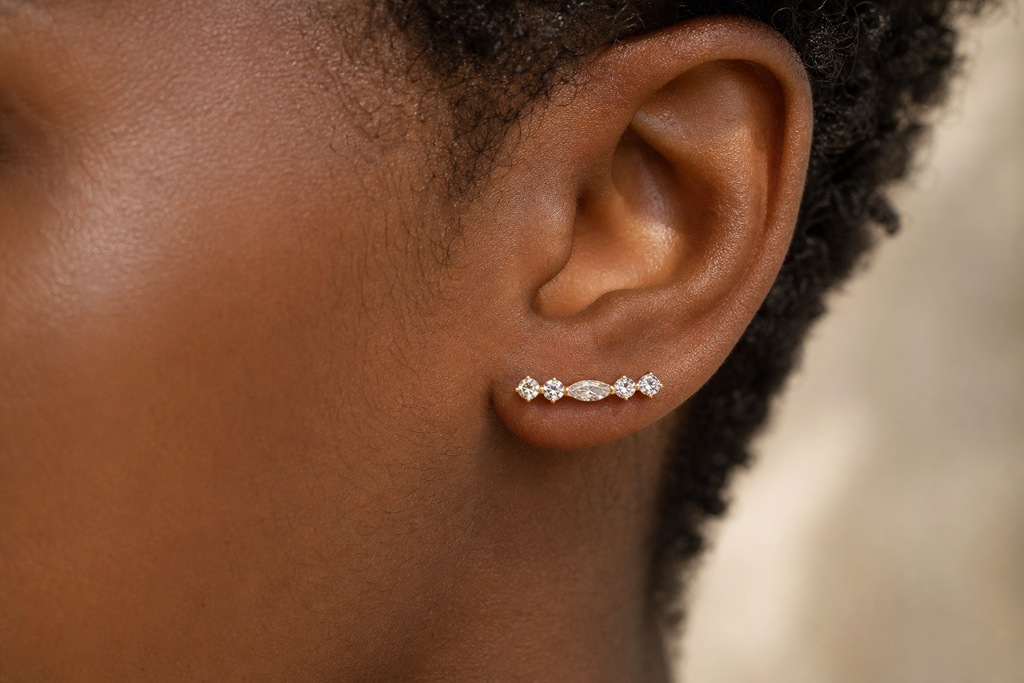 Clear CZ ASTM F136 Titanium Flat Back - Gold, Internally Threaded, 16G, 1.2 x 8+4 mm — wearing view two (P-FB-0139-G01)