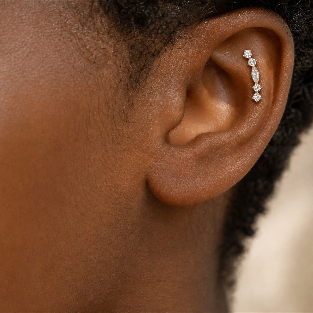 Clear CZ ASTM F136 Titanium Flat Back - Gold, Internally Threaded, 16G, 1.2 x 8+4 mm — wearing view three (P-FB-0139-G01)