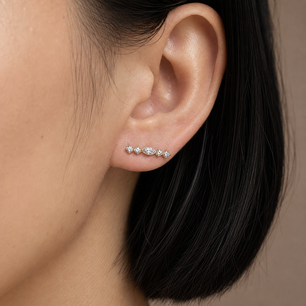 Clear CZ ASTM F136 Titanium Flat Back - Gold, Internally Threaded, 16G, 1.2 x 8+4 mm — wearing view three (P-FB-0139-G01)
