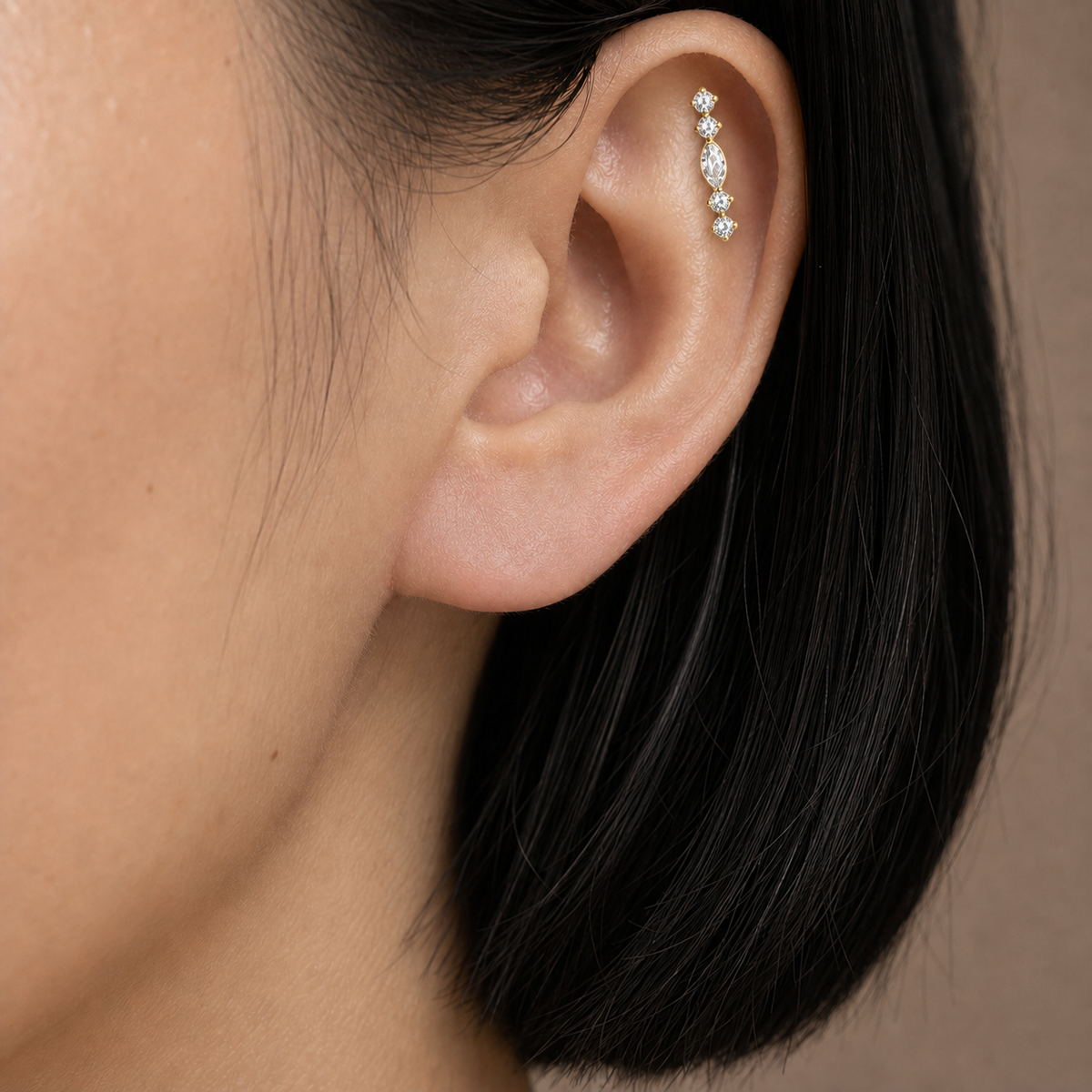 Clear CZ ASTM F136 Titanium Flat Back - Gold, Internally Threaded, 16G, 1.2 x 8+4 mm — wearing view four (P-FB-0139-G01)
