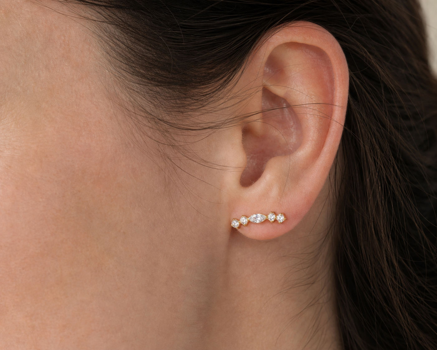 Clear CZ ASTM F136 Titanium Flat Back - Gold, Internally Threaded, 16G, 1.2 x 8+4 mm — wearing view five (P-FB-0139-G01)
