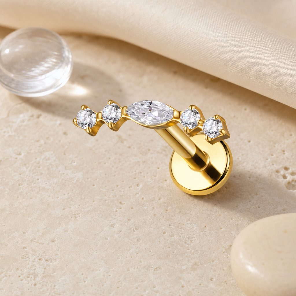 Clear CZ ASTM F136 Titanium Flat Back - Gold, Internally Threaded, 16G, 1.2 x 8+4 mm — styled flat lay (P-FB-0139-G01)
