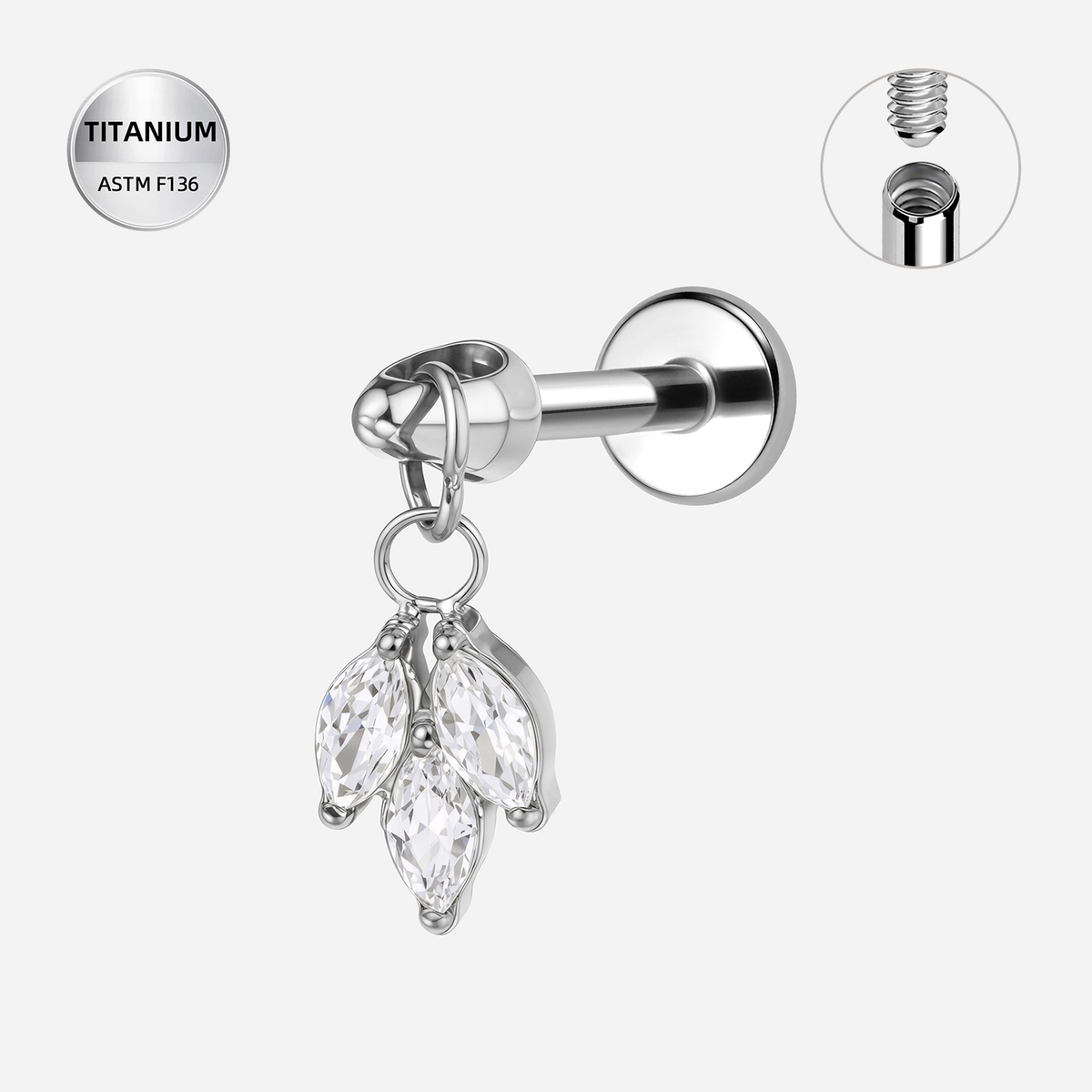 Clear CZ ASTM F136 Titanium Flat Back - Silver, Internally Threaded, 16G, 1.2 x 6 mm — product detail views (P-FB-0140-S01)