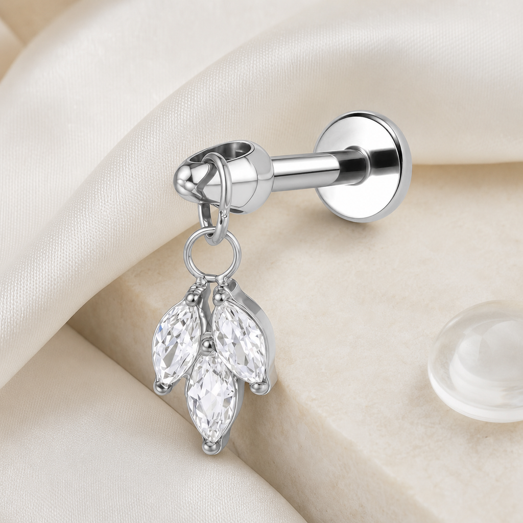 Clear CZ ASTM F136 Titanium Flat Back - Silver, Internally Threaded, 16G, 1.2 x 6 mm — styled flat lay (P-FB-0140-S01)