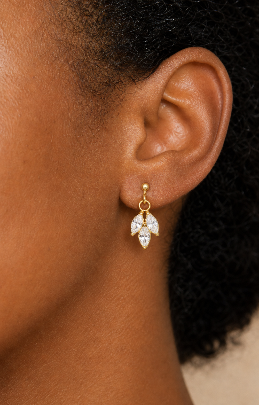 Clear CZ ASTM F136 Titanium Flat Back - Gold, Internally Threaded, 16G, 1.2 x 6 mm — wearing view one (P-FB-0141-G01)