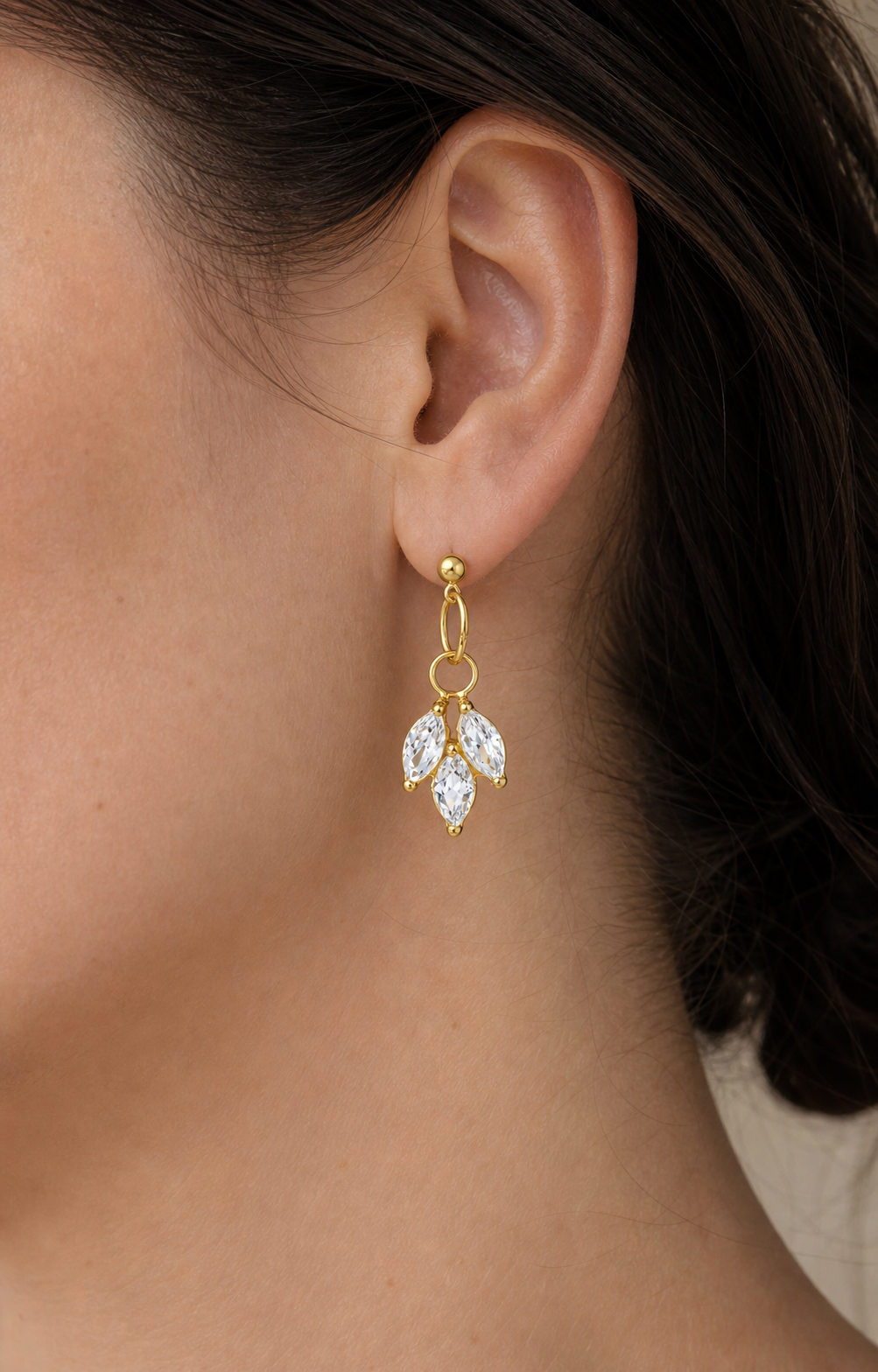 Clear CZ ASTM F136 Titanium Flat Back - Gold, Internally Threaded, 16G, 1.2 x 6 mm — wearing view three (P-FB-0141-G01)