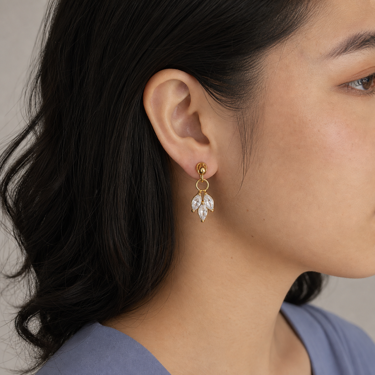 Clear CZ ASTM F136 Titanium Flat Back - Gold, Internally Threaded, 16G, 1.2 x 6 mm — wearing view four (P-FB-0141-G01)