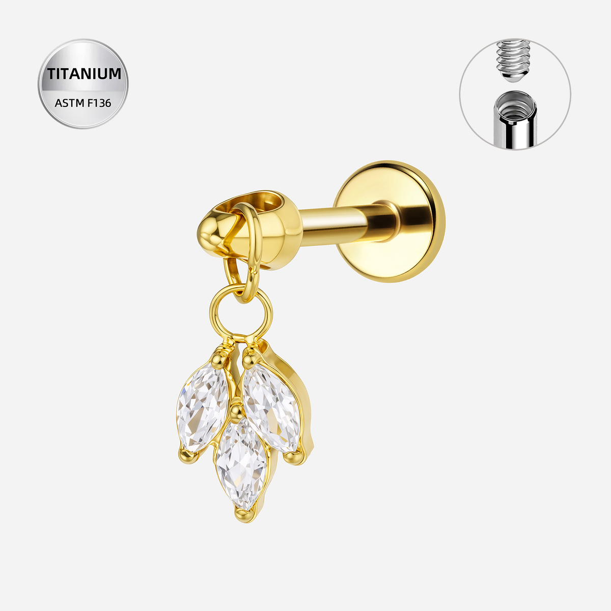 Clear CZ ASTM F136 Titanium Flat Back - Gold, Internally Threaded, 16G, 1.2 x 6 mm — product detail views (P-FB-0141-G01)