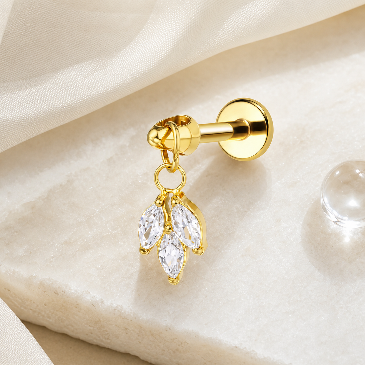 Clear CZ ASTM F136 Titanium Flat Back - Gold, Internally Threaded, 16G, 1.2 x 6 mm — styled flat lay (P-FB-0141-G01)
