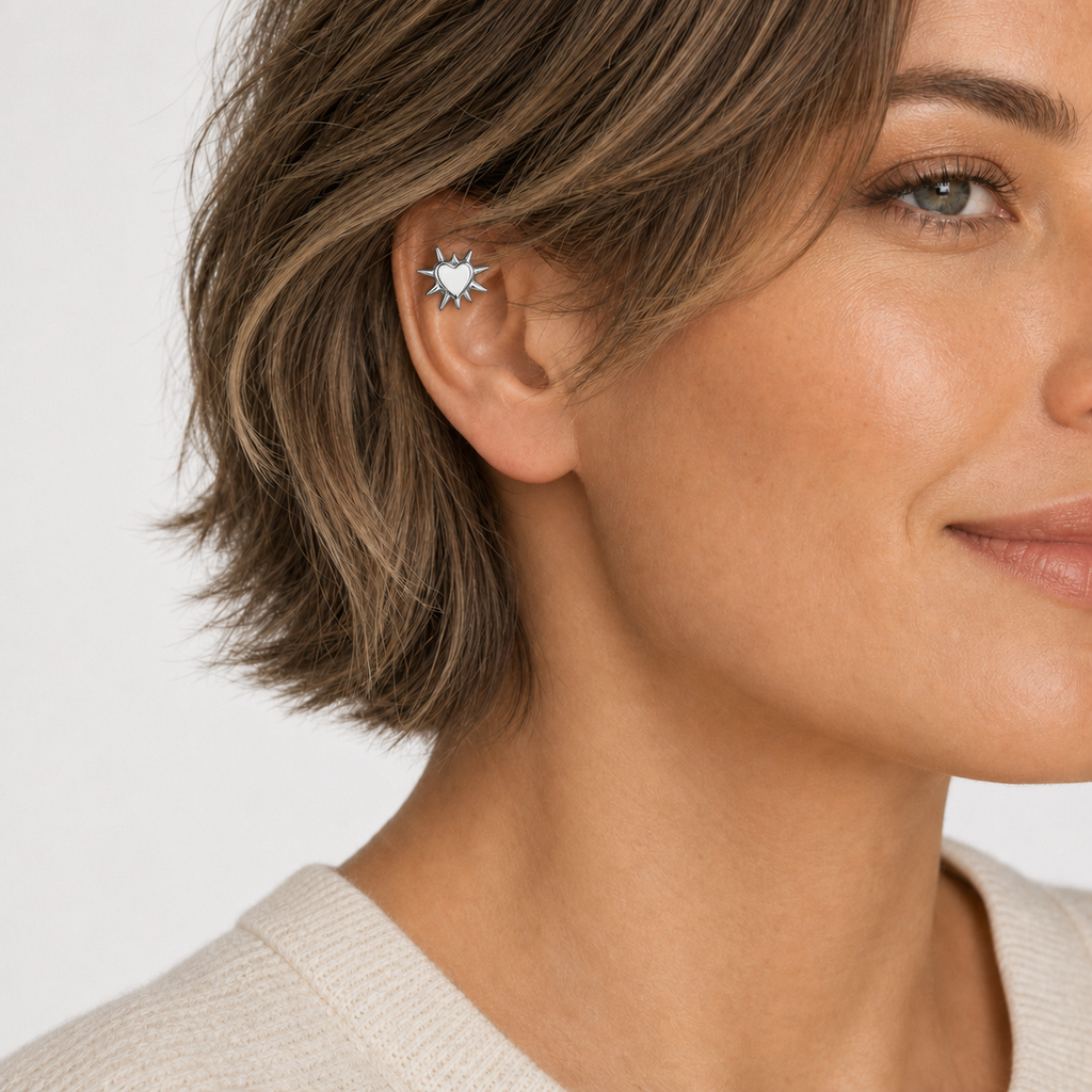 ASTM F136 Titanium Flat Back - Silver, Threadless, 16G, 1.2 x 6+4 mm — wearing view one (P-FB-0142-S01)
