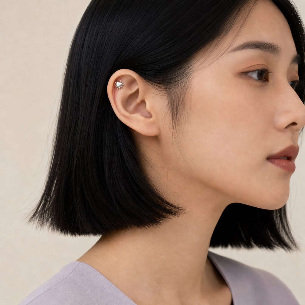 ASTM F136 Titanium Flat Back - Silver, Threadless, 16G, 1.2 x 6+4 mm — wearing view four (P-FB-0142-S01)