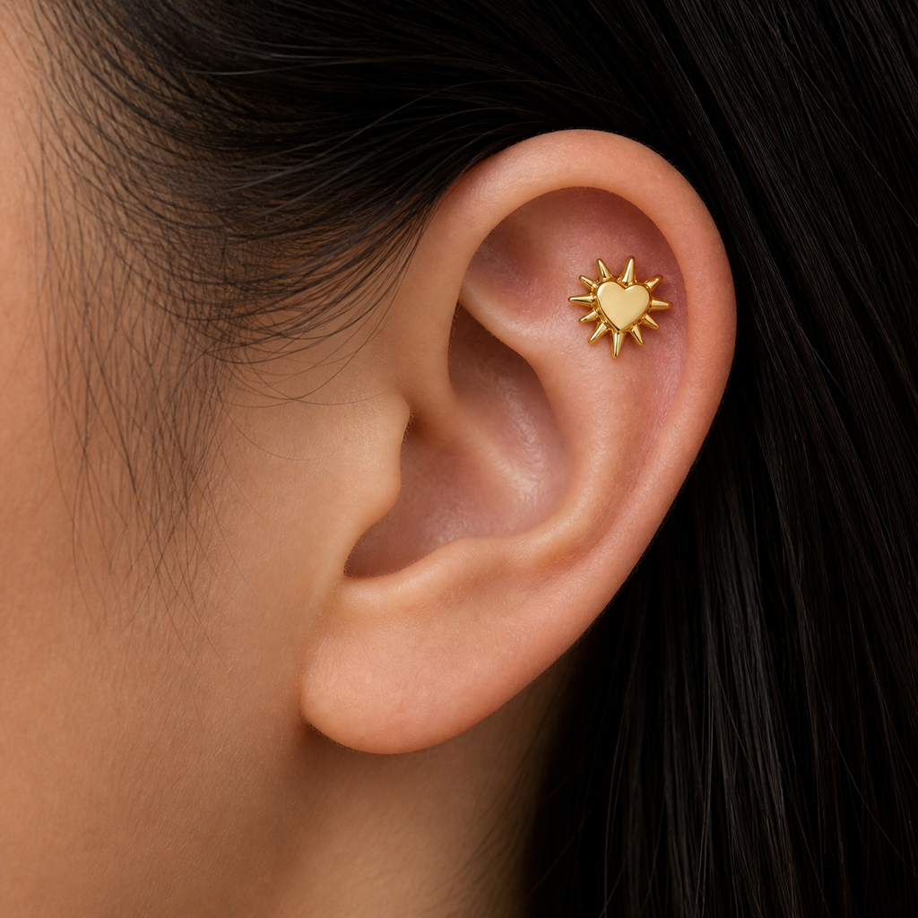 ASTM F136 Titanium Flat Back - Gold, Threadless, 16G, 1.2 x 6+4 mm — wearing view four (P-FB-0143-G01)