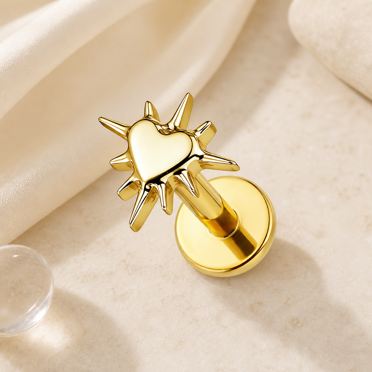 ASTM F136 Titanium Flat Back - Gold, Threadless, 16G, 1.2 x 6+4 mm — styled flat lay (P-FB-0143-G01)