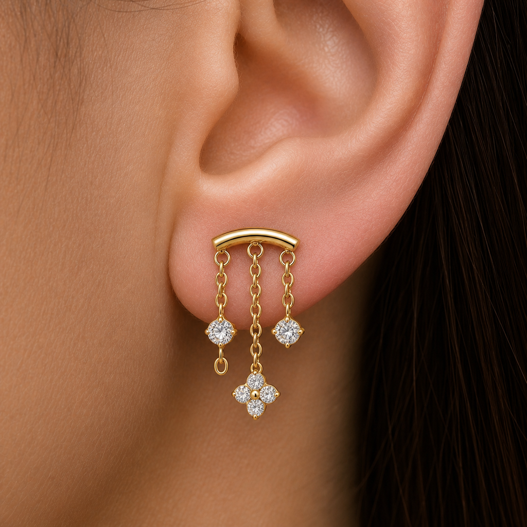Clear CZ ASTM F136 Titanium Flat Back - Gold, Internally Threaded, 16G, 1.2 x 6+4 mm — wearing view two (P-FB-0144-G01)