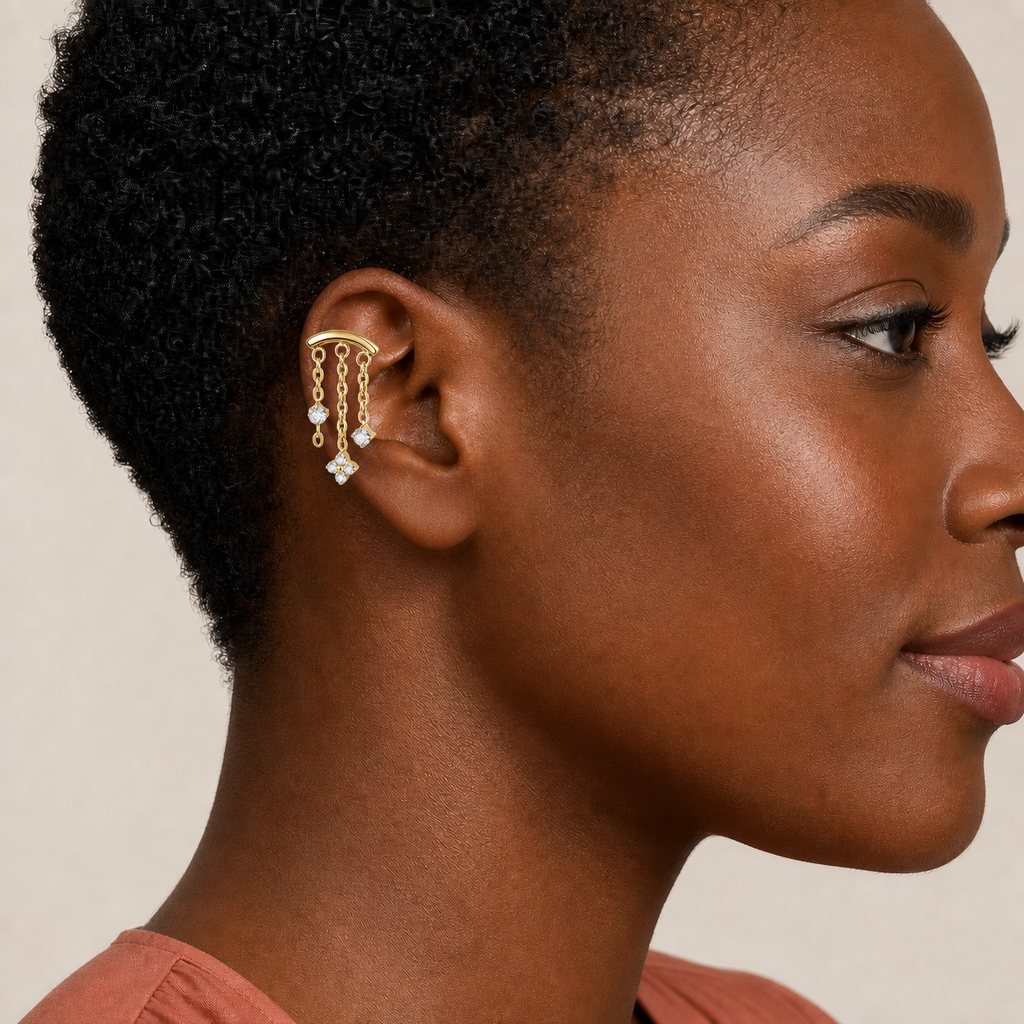 Clear CZ ASTM F136 Titanium Flat Back - Gold, Internally Threaded, 16G, 1.2 x 6+4 mm — wearing view two (P-FB-0144-G01)