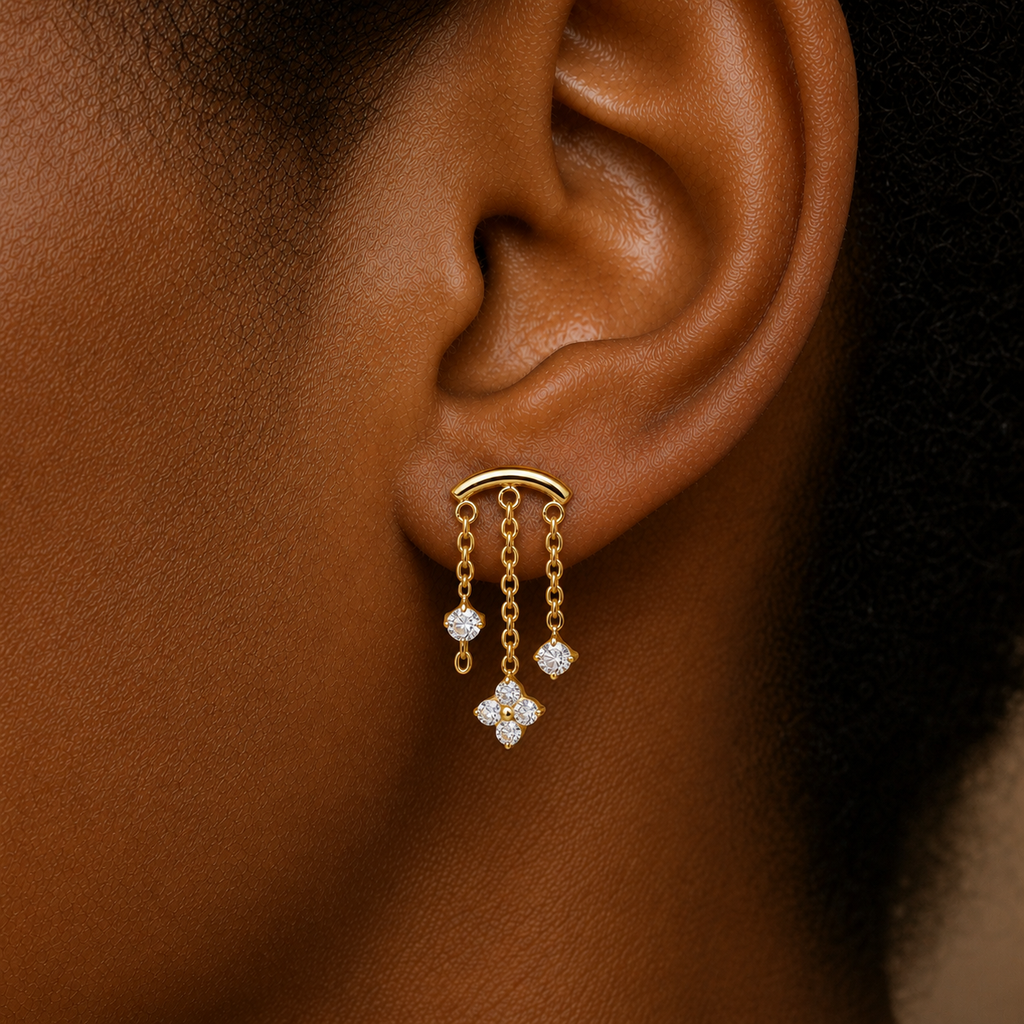 Clear CZ ASTM F136 Titanium Flat Back - Gold, Internally Threaded, 16G, 1.2 x 6+4 mm — wearing view three (P-FB-0144-G01)