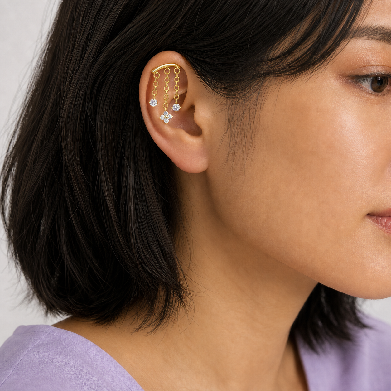 Clear CZ ASTM F136 Titanium Flat Back - Gold, Internally Threaded, 16G, 1.2 x 6+4 mm — wearing view three (P-FB-0144-G01)