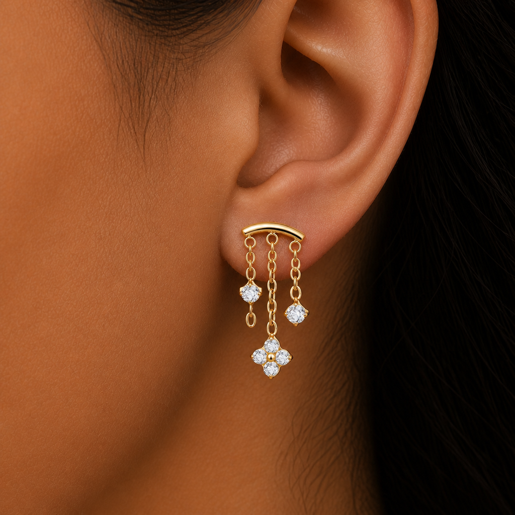 Clear CZ ASTM F136 Titanium Flat Back - Gold, Internally Threaded, 16G, 1.2 x 6+4 mm — wearing view four (P-FB-0144-G01)