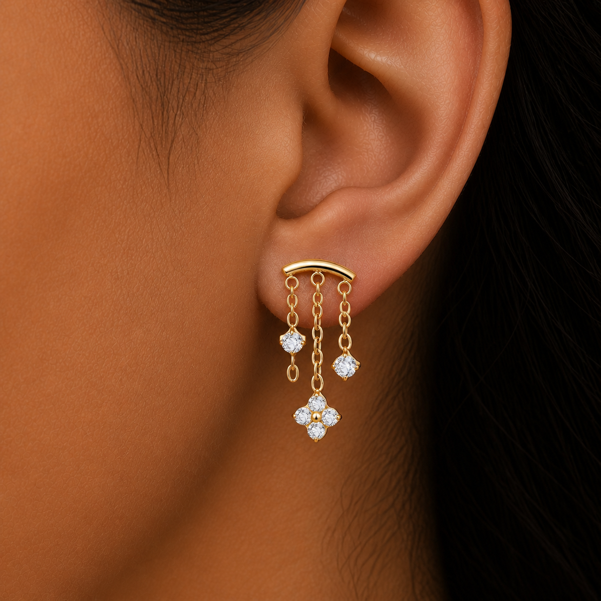 Clear CZ ASTM F136 Titanium Flat Back - Gold, Internally Threaded, 16G, 1.2 x 6+4 mm — wearing view four (P-FB-0144-G01)