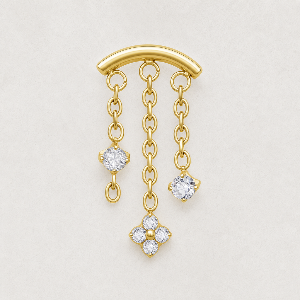 Clear CZ ASTM F136 Titanium Flat Back - Gold, Internally Threaded, 16G, 1.2 x 6+4 mm — styled flat lay (P-FB-0144-G01)