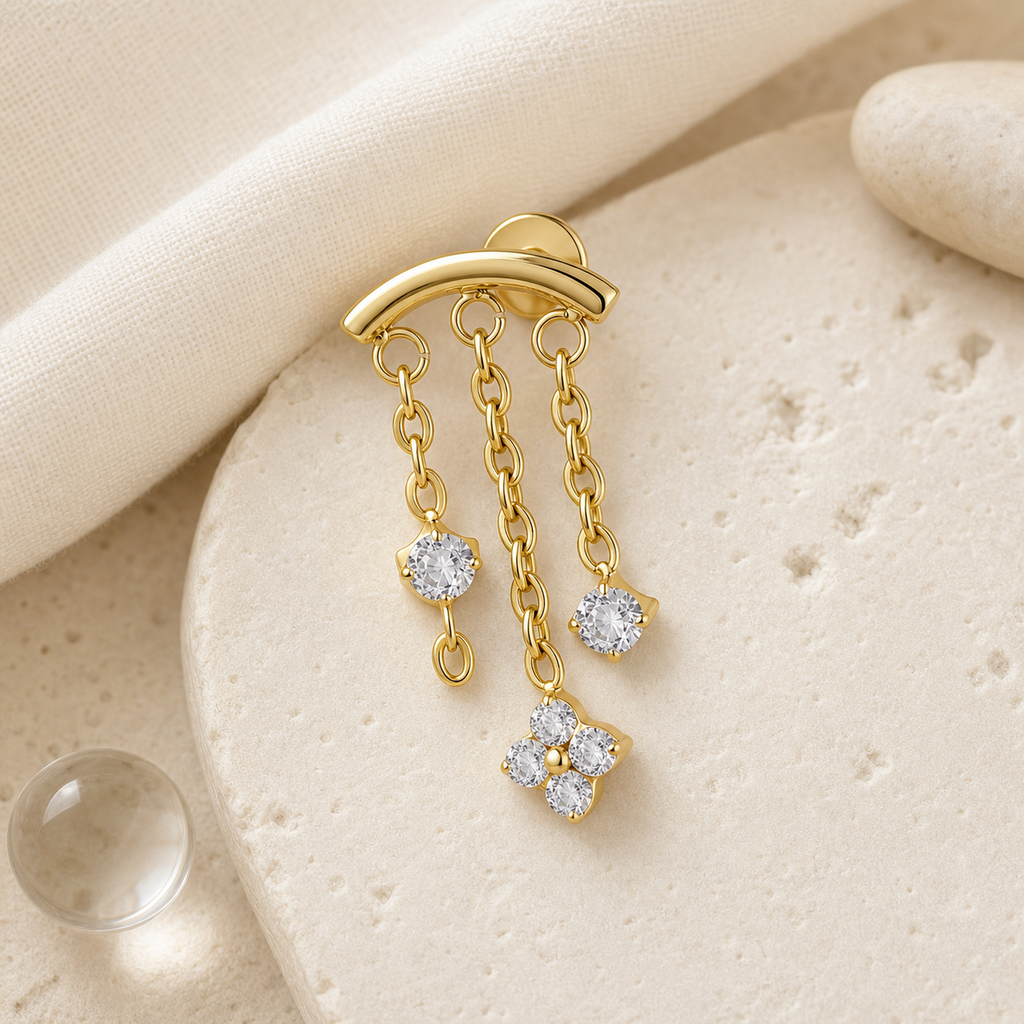 Clear CZ ASTM F136 Titanium Flat Back - Gold, Internally Threaded, 16G, 1.2 x 6+4 mm — styled flat lay (P-FB-0144-G01)