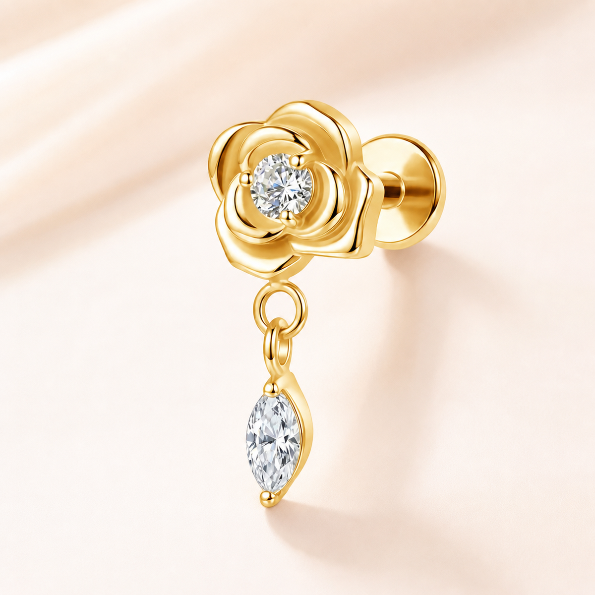 Clear CZ ASTM F136 Titanium Flat Back - Gold, Internally Threaded, 16G, 1.2 x 8+4 mm — primary product image (P-FB-0145-G01)
