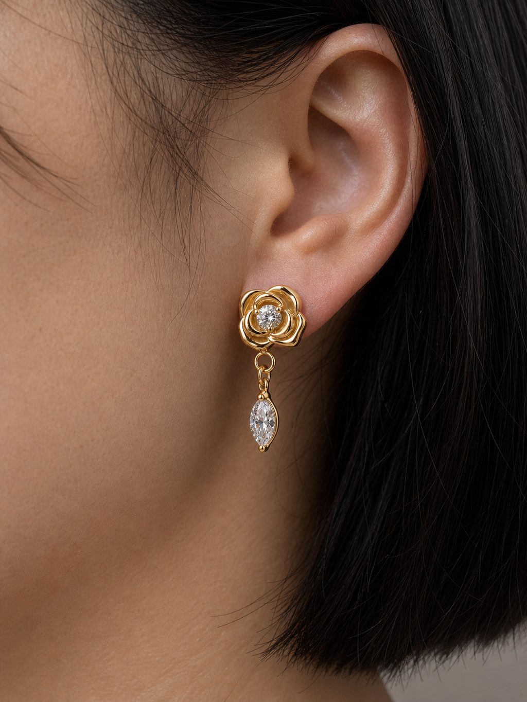 Clear CZ ASTM F136 Titanium Flat Back - Gold, Internally Threaded, 16G, 1.2 x 8+4 mm — wearing view three (P-FB-0145-G01)