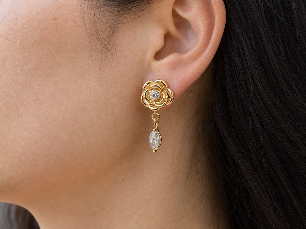 Clear CZ ASTM F136 Titanium Flat Back - Gold, Internally Threaded, 16G, 1.2 x 8+4 mm — wearing view five (P-FB-0145-G01)