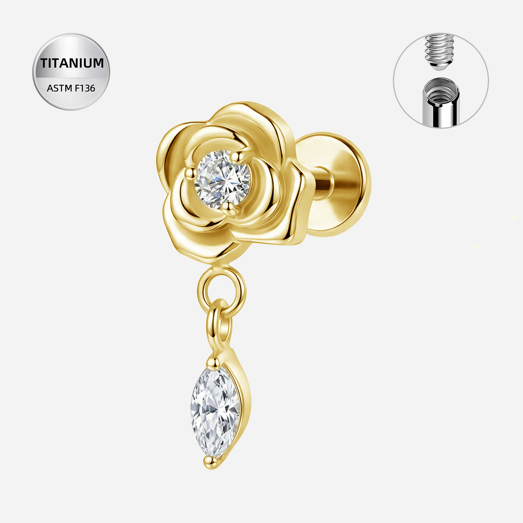 Clear CZ ASTM F136 Titanium Flat Back - Gold, Internally Threaded, 16G, 1.2 x 8+4 mm — product detail views (P-FB-0145-G01)