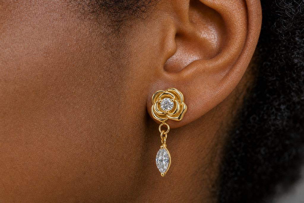 Clear CZ ASTM F136 Titanium Flat Back - Gold, Internally Threaded, 16G, 1.2 x 8+4 mm — wearing view six (P-FB-0145-G01)