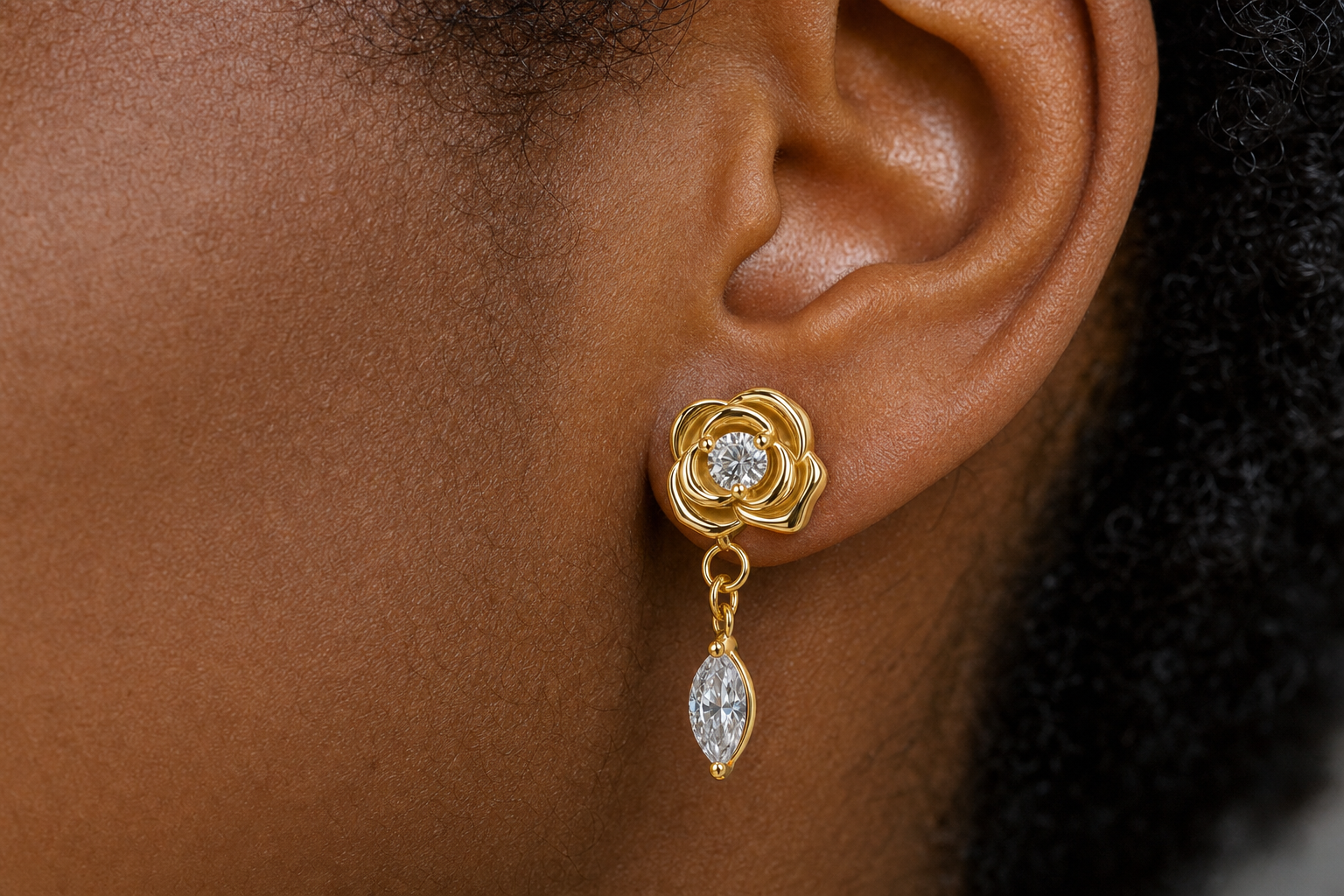 Clear CZ ASTM F136 Titanium Flat Back - Gold, Internally Threaded, 16G, 1.2 x 8+4 mm — wearing view six (P-FB-0145-G01)