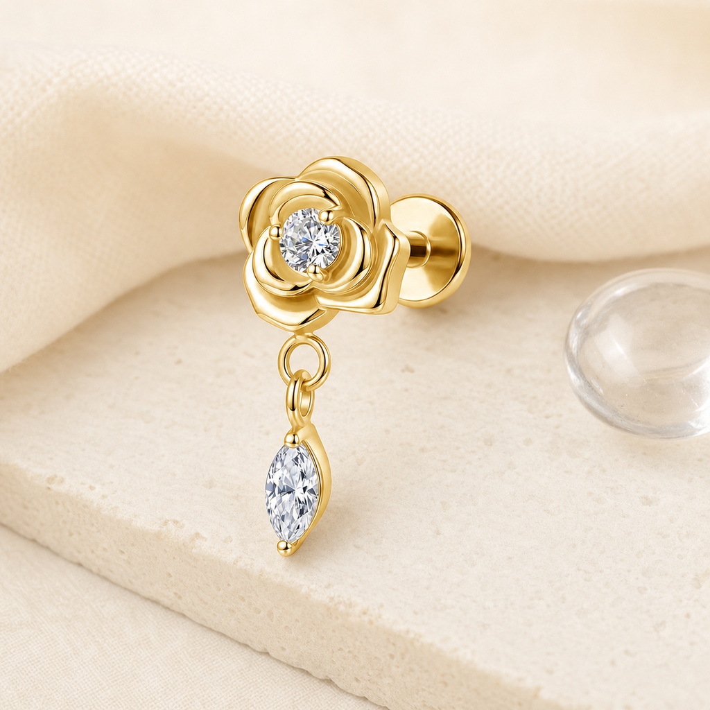 Clear CZ ASTM F136 Titanium Flat Back - Gold, Internally Threaded, 16G, 1.2 x 8+4 mm — styled flat lay (P-FB-0145-G01)