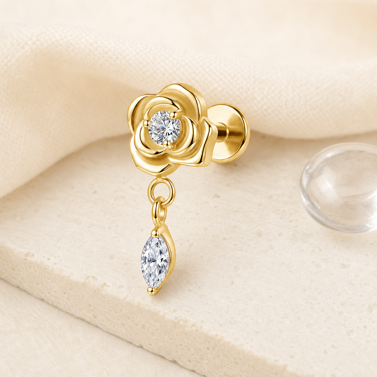 Clear CZ ASTM F136 Titanium Flat Back - Gold, Internally Threaded, 16G, 1.2 x 8+4 mm — styled flat lay (P-FB-0145-G01)
